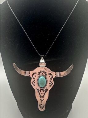 Turquoise Stone Bull Skull Pendant Necklace - Women Jewelry